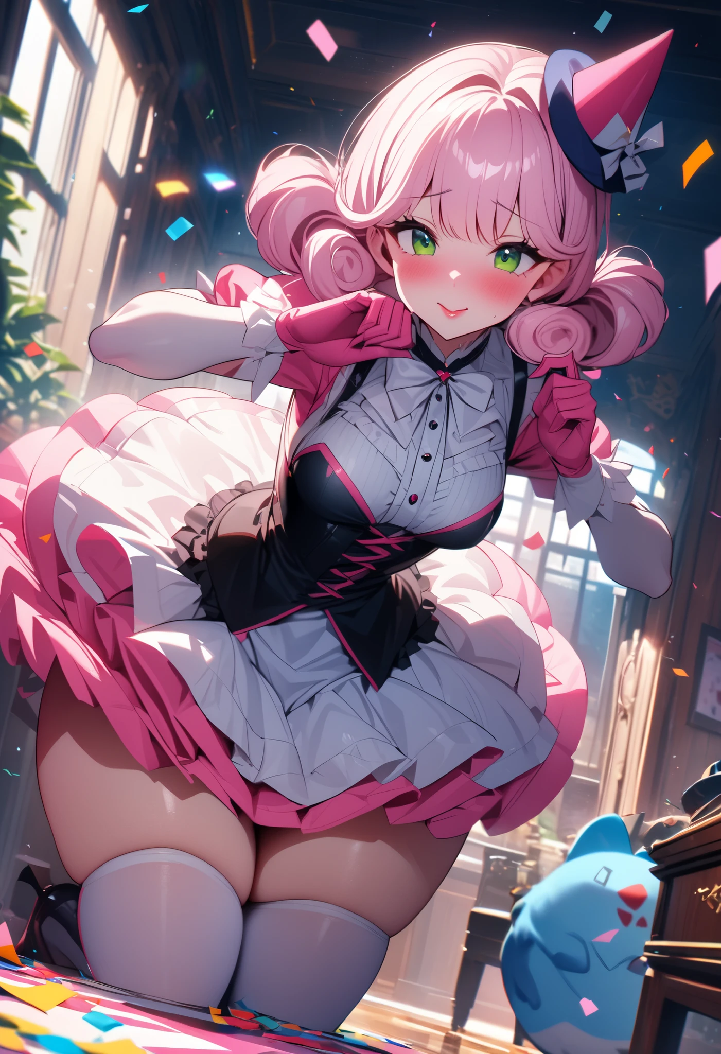 masterpiece, Milf, An adult clown with a curvaceous and attractive figure, small breasts, caderas anchas, Lush thighs, detailed anime-style air balloons, with light pink curly hair and bangs. Pina red lips, She has flushed cheeks , big green eyes with long eyelashes. He wears a voluminous multi-layered tutu in shades of pink and white, adorned with a small white ribbon at the waist. The upper part of her outfit is a pink bodice with straps, decorated with three pink buttons in the center. His hands are covered by long light pink gloves, with rainbow bands around the wrists. in the traditional home interior, confetti on the floor visible. The image has an 8K Ultra HD resolution, with extreme attention to fine details, maintains balance, visible pastel , huge hips, Lush thighs, tender and attractive expression, blush, worried look, shrink beam, Chubby butt, pretty eyes , throw, long stockings of colored stripes with straps, little clown hat, doing a sensual pose, throw, angulo in front, colorful wall, 1 visible globe, pastel, Impossible_clothes, holding a lolipop in his hand, lollipop, is tilted forward, in front, bent back, face focus, delicate hands lips,