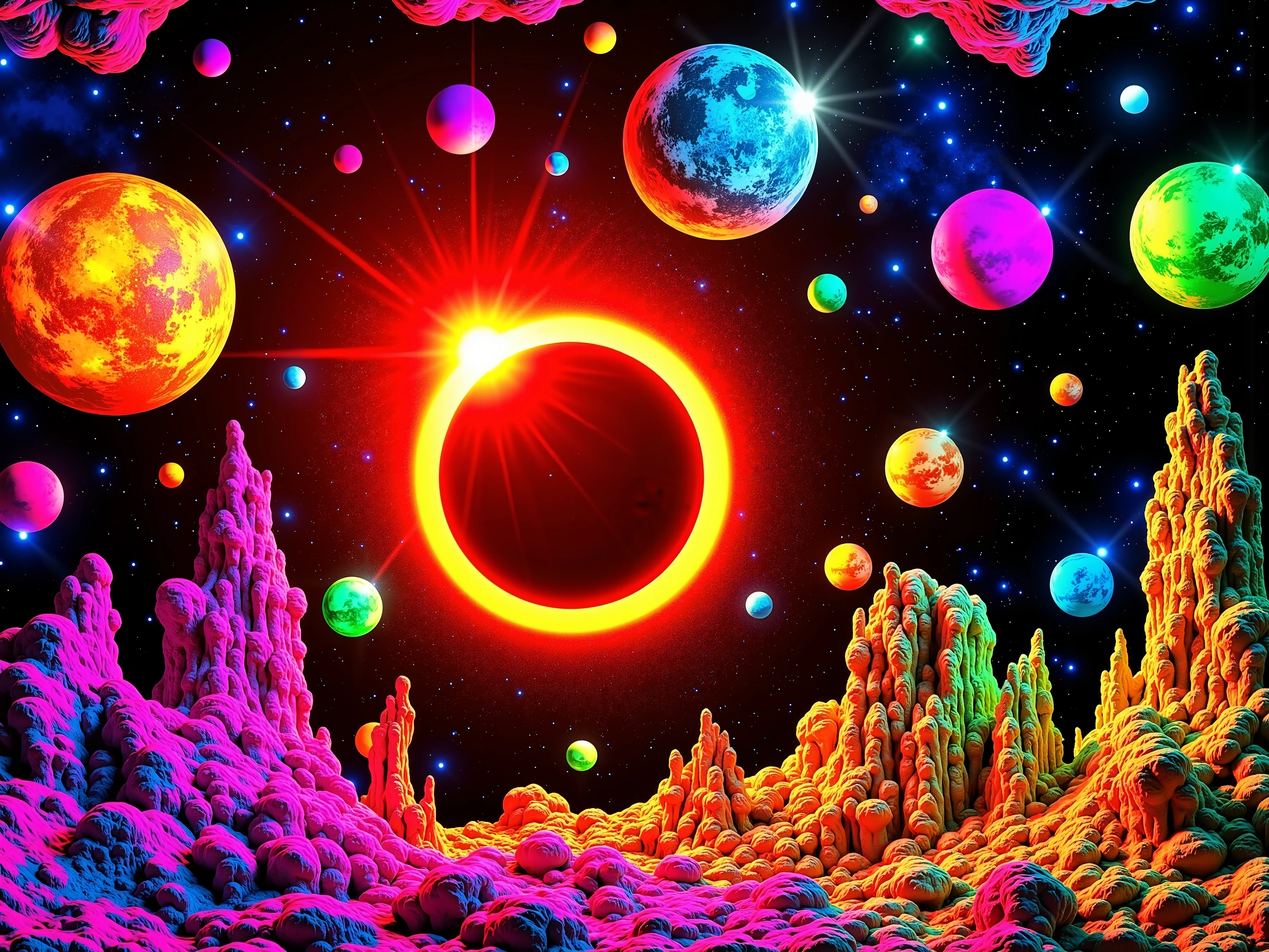 In this vivid and surreal image, a cosmic scene unfolds against a backdrop of deep blackness studded with a myriad of colorful celestial bodies. Dominating the composition is a massive, glowing orb reminiscent of a star or planet in the midst of a solar eclipse. Its luminous red and yellow halo radiates vibrant energy, casting a surreal glow across the scene. Surrounding this central figure are smaller, multicolored planets and stars, each uniquely rendered in striking, exaggerated hues like greens, blues, and reds. A large, detailed Moon-like sphere hangs prominently in the upper portion of the image, providing contrast with its textured, familiar surface. The atmosphere evokes an otherworldly sense of wonder and exploration, with the bright colors and stark contrasts creating a dreamlike, almost psychedelic impression of a distant galaxy or parallel universe where natural laws seem to be reimagined. Ultra-realistic,photo-realistic, ultra-detailed, physically-based rendering, 8k, hyperrealistic,3D Rendering,cinematography, full focus, UHDR,best quality, masterpiece