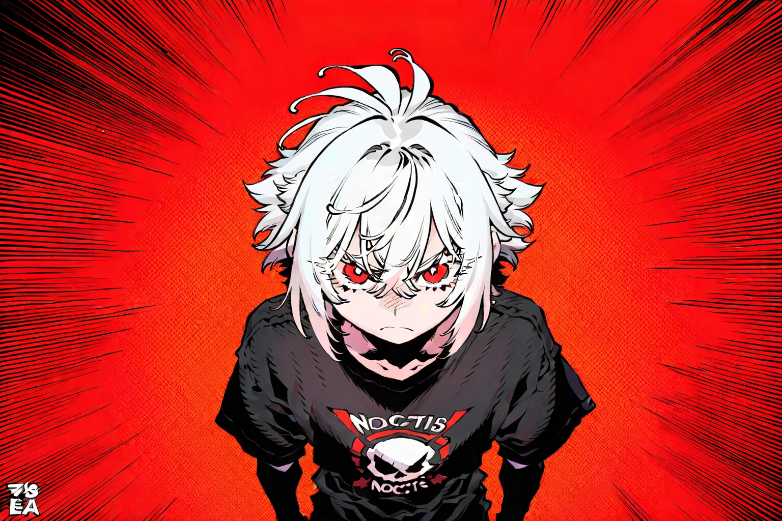 1boy, 1eye only, white hair, red eye, black hoodie shirt, white shirt, black sleeves, black pants, red tentacles in back, mechanical tentacle, looking on side