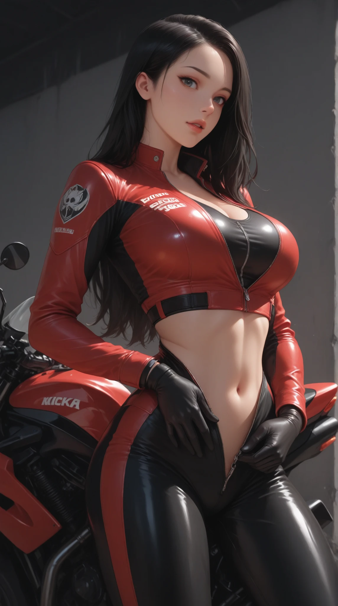 A MILF , The background is the battlefield,black hair color hair,Red sunglasses,Bright red tight combat uniform,microbikini,Expose the lower half of the breast,Breast areola, ride on bike,