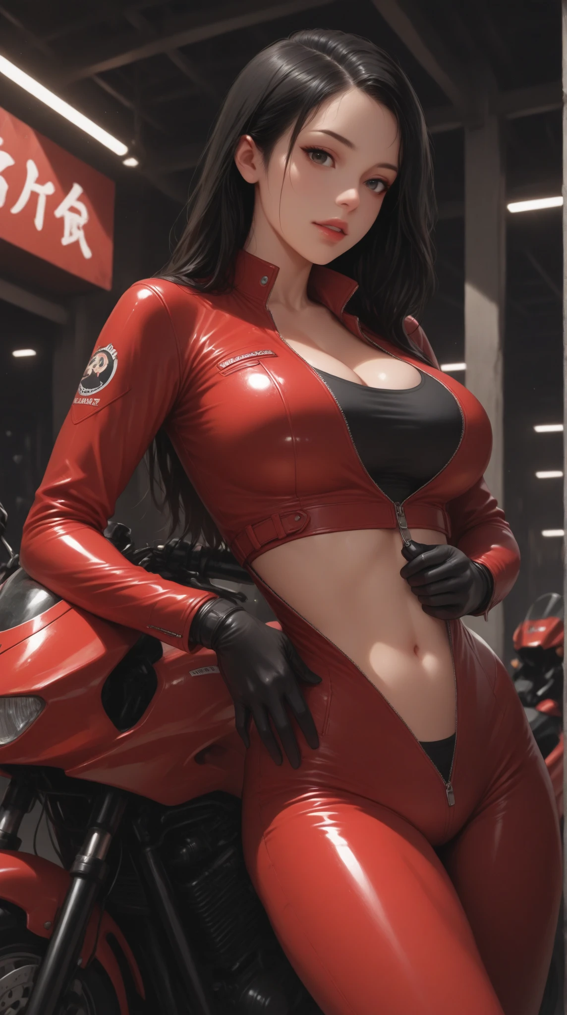 The highest image quality，Excellent detail，超高分辨率，（真实感：1.4），The best illustrations，Favor detail，Highly concentrated 1girl，exquisite and beautiful face，huge boob，Wearing blue and white tights，There is no opening in the chest，wearing a mech helmet，Hold the direction controller，riding a motorcycle，Full body display，In the background is locomotive tracks。