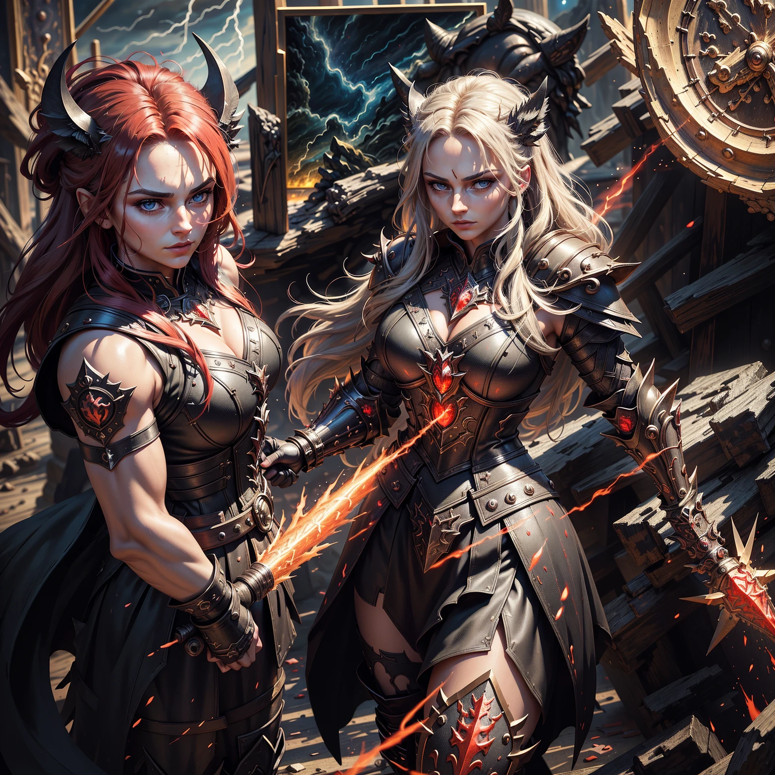 Berserker, barbarian woman(Scarlet Johansson),  Arte de Fantasia, of his gaze alone enemies beginning to panic, one head, devilish smile, besta do inferno, demonio, White Fire Sky, guerreira, com foice e escudo, Linda, Mulheres, Werelion, Long red braided hair, olhos dourados brilhantes, realista, altamente detalhados, Motor irreal, 8k de luxo
