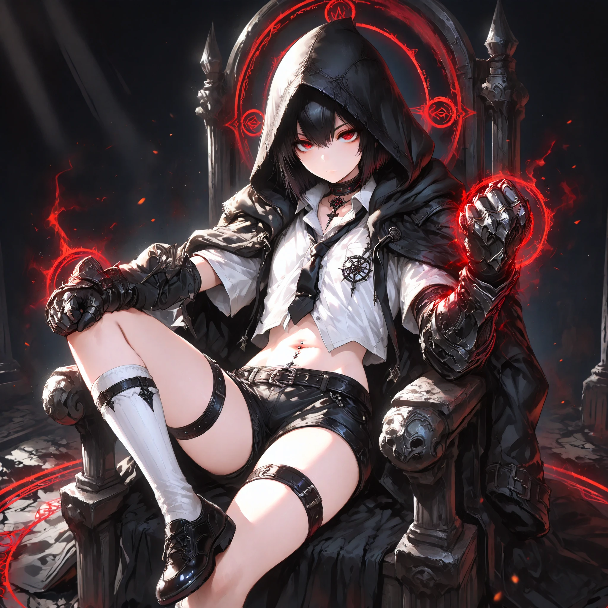 ((best quality)), ((masterpieces)), (detailed), perfect face, SOLO, ((((femboy)))), tomgirl, ANIME, beautiful detailed eyes, BOB hair, BOBed hair, black hair, RED EYES, expressionless, hooded, Magical Eyes, dark background, ((BLACK HOODED coat draped over shoulders)), ((flat chest)), magic circle, ((HOODED coat )), ((hooded head)), ((dress shirt)), short black shorts, bare thighs, ((Flat chest)), bailing_magic_circle, choker, thigh strap, ((midriff)), (black tie), Crop top, navel piercing, (Fist Gauntlets), throne, Cross Legged, black shoes white over the knee socks, short sleeves, buckle