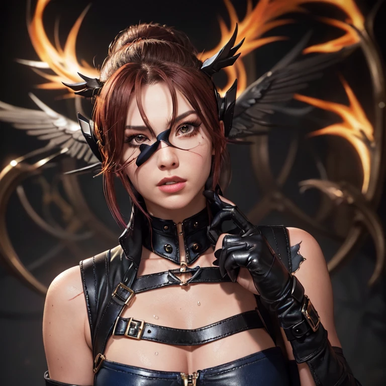 a close up of a woman with a sword and a demon, league of legends style art, league of legends art style, league of legends art, League of Legends character art, arte inicial de League of Legends, league of legend illustration, Arte inicial de League of Legends, samira from League of Legends, miss fortune league of legends, ahri, from League of Legends