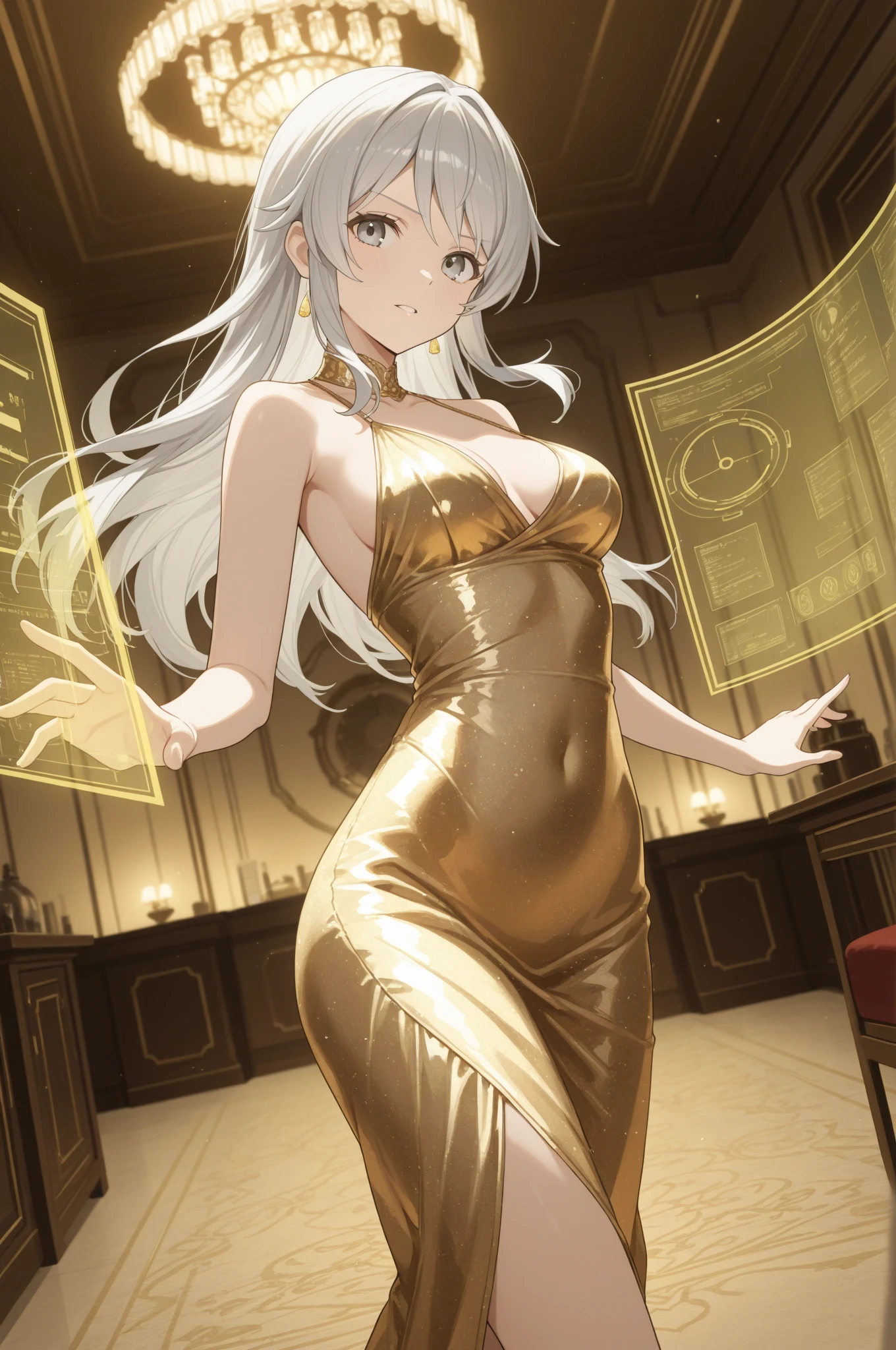 creates a 24-year-old anime girl with a gold-colored gala dress and a miniskirt with wide hips and breasts in a landscape of a luxurious and famous party hall