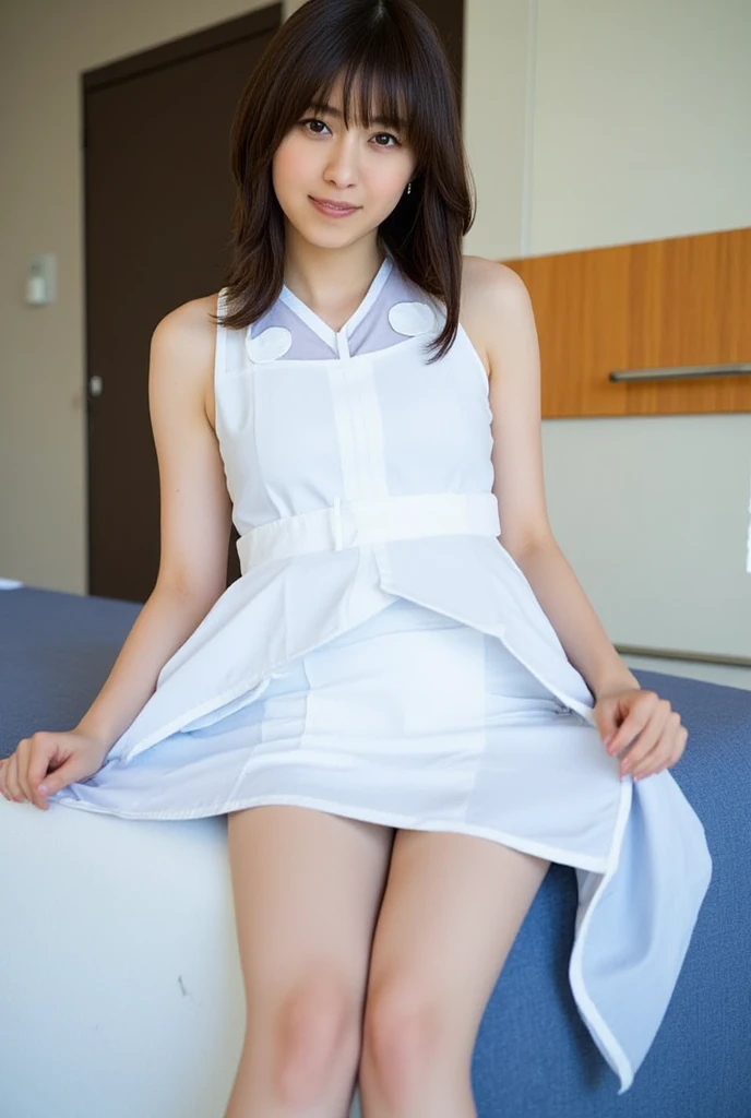 1girl, cute breast, beautiful breasts,black suspenders,(Bulging ,small breasts:1.3),(long Black miniskirt:1.3),garters,Gaze,Small face,bangss,holster,gun Belt Armament holder,her thin pubic hair, (cowboy shot:1.2), (Beautiful and detailed eyes description), (Beautiful and detailed face), Perfect female body, neat figure, slender waist, (young girl), (20 years old), long hair, platinum blonde hair, very big eyes, blue eyes, (medium breasts:1.4), blush, shy, watery lips, nurse, (transparent blue nurse dress), unbuttoned, (white gloves:1.2), (black pantyhose), low heels, school nurse, hospital bed, window, white blue curtains, sunlight, squatting:0.4, (best quality), (ultra detailed), (masterpiece), (highres), (original), (extremely detailed CG unity 8K wallpaper), (NSFW 1.1), full body, beautiful face, shiny skin, thin, nice companion, delicate body, thin legs, naked apron, ((crawl on all fours:0.9)), beautiful front, cute butt,little turn around, (A picture from a very little forward:0.7), bend the body, the skirt is floating in the wind:1.4, light pink panties, thin Pubic hair ,highest quality, high resolution, Real World, Natural light, perfect Natural Light,Realistic, (cute, perfect clothes, cute: 1.3) ,narrow waist,(with sparkling eyes and a contagious smile), open mouth, looking at viewer,