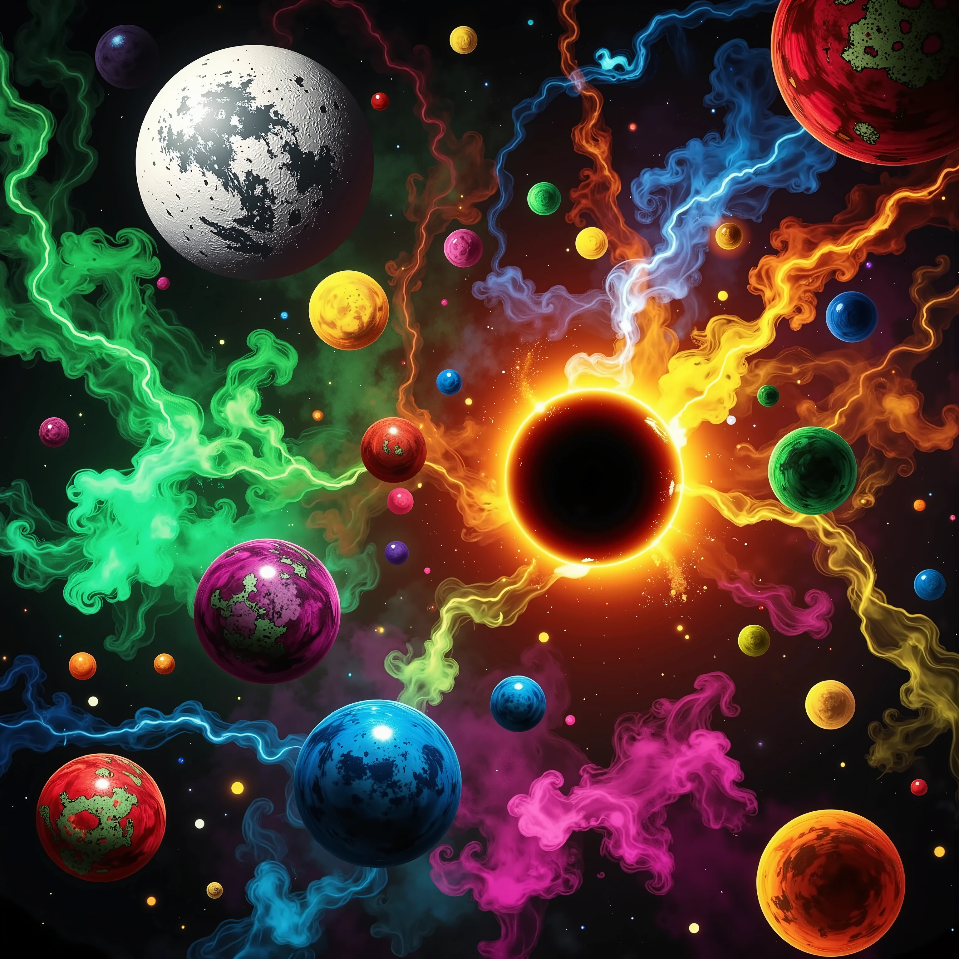 In this vivid and surreal image, a cosmic scene unfolds against a backdrop of deep blackness studded with a myriad of colorful celestial bodies. Dominating the composition is a massive, glowing orb reminiscent of a star or planet in the midst of a solar eclipse. Its luminous red and yellow halo radiates vibrant energy, casting a surreal glow across the scene. Surrounding this central figure are smaller, multicolored planets and stars, each uniquely rendered in striking, exaggerated hues like greens, blues, and reds. A large, detailed Moon-like sphere hangs prominently in the upper portion of the image, providing contrast with its textured, familiar surface. The atmosphere evokes an otherworldly sense of wonder and exploration, with the bright colors and stark contrasts creating a dreamlike, almost psychedelic impression of a distant galaxy or parallel universe where natural laws seem to be reimagined. Ultra-realistic,photo-realistic, ultra-detailed, physically-based rendering, 8k, hyperrealistic,3D Rendering,cinematography, full focus, UHDR,best quality, masterpiece 