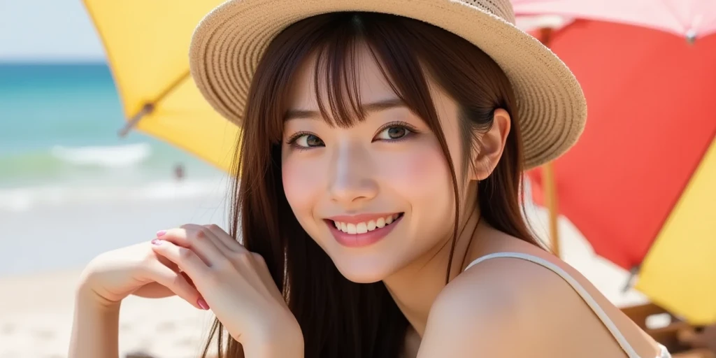 masterpiece,best quality,(Japanese ),((Beautiful girl)),cleavage,(perfect body beauty:1.2),(shy smile),(straw hat),(seaside),
