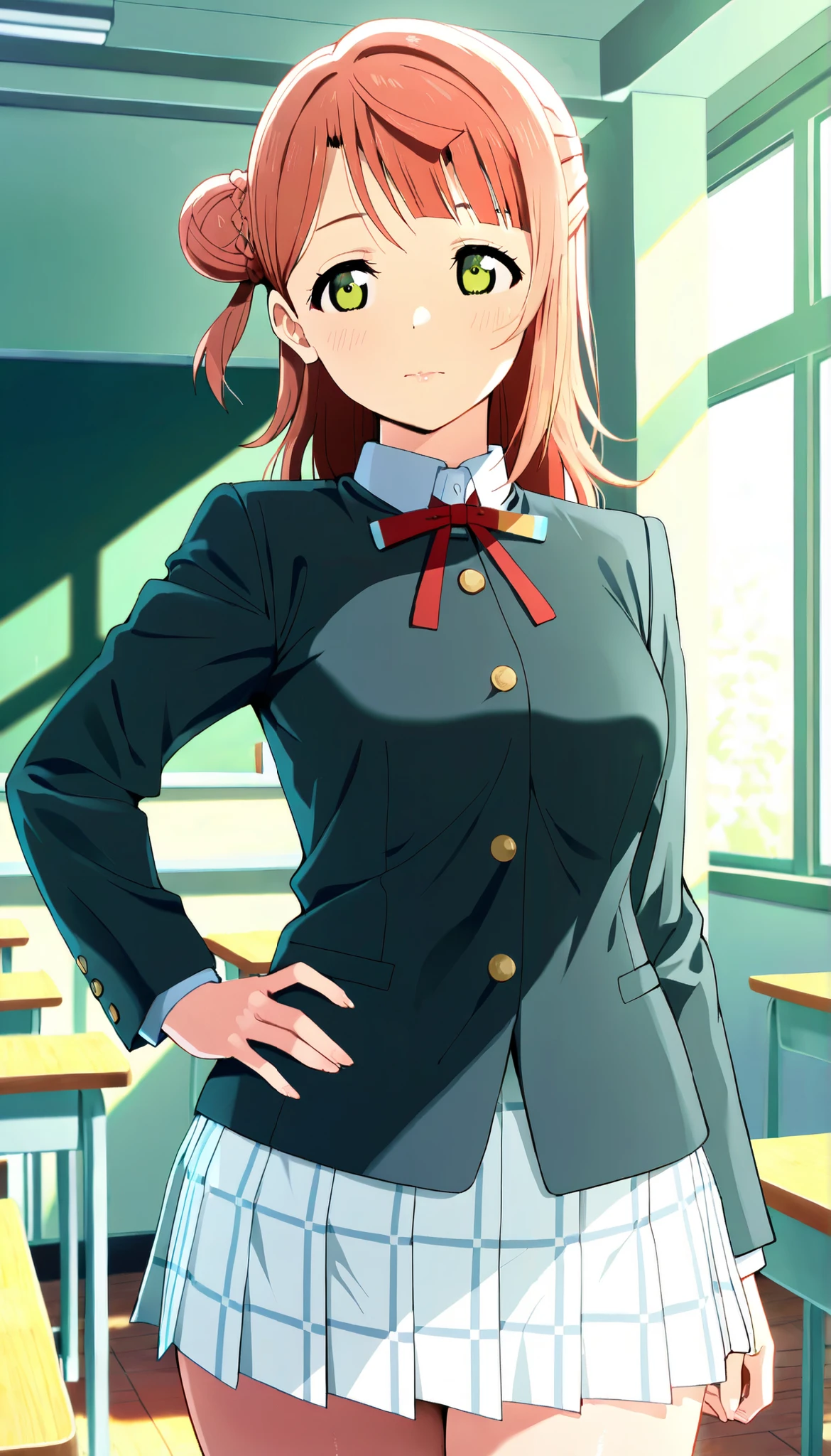 (Ayumu Uehara、long hair、bun hair),long sleeves, black blazer, red neck ribbon, white skirt ,Winter uniform,nijigasaki academy school_uniform, thigh,soft body,gentle curves,calm expression, cowboy shot, standing, hand on hips, glossy lips ,closed mouth ,classroom ,front view,masterpiece,best quality,medium breast