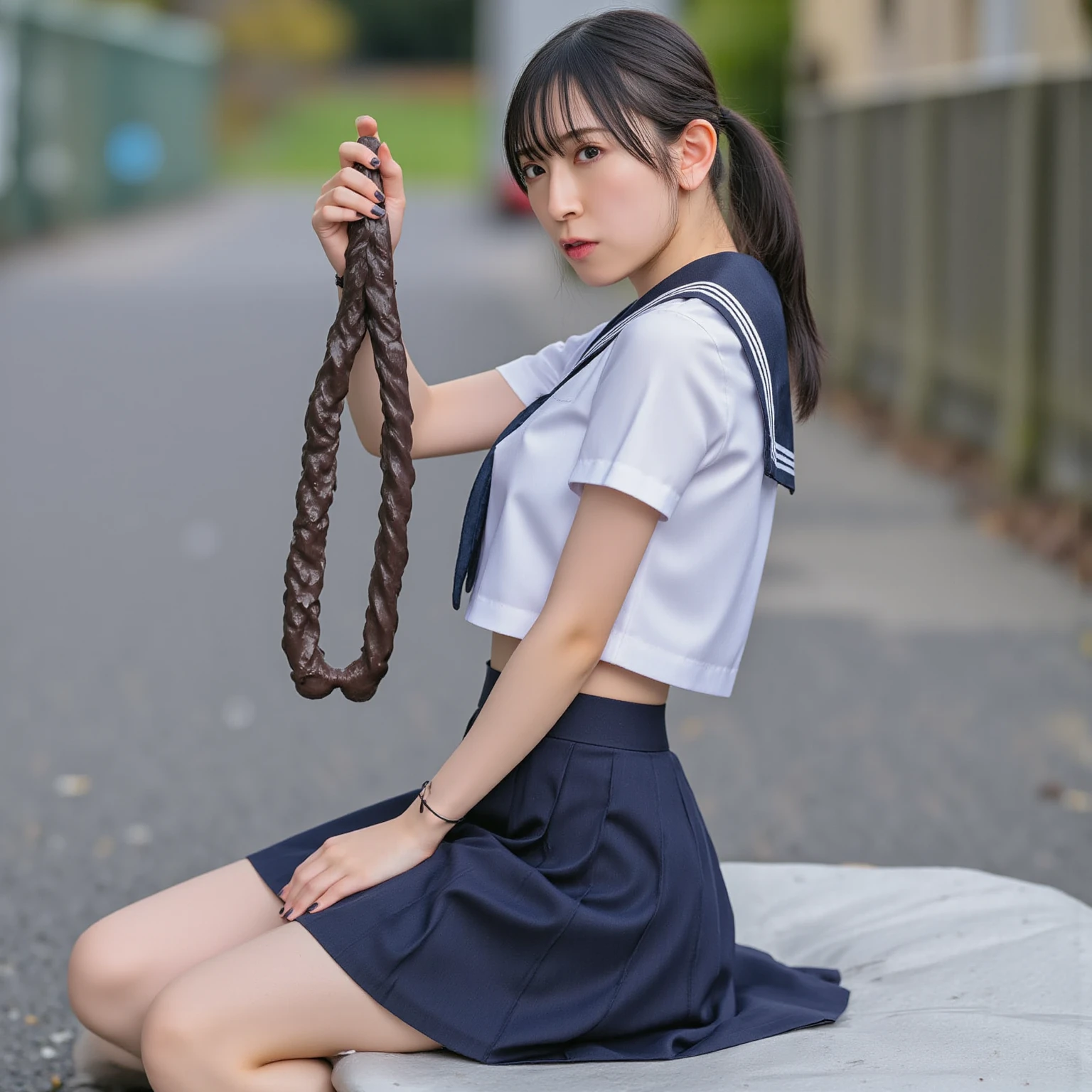 Character Focus、From above(school uniform:1.3), (Plain beige clothing around the waist:1.5), (West Knot:1.3), (white collared-shirt:1.4), ((white collar, Unbutton, Short sleeve):1.2), (Red checkered pleated skirt:1.3), ((necklace, Colorful Bracelets, × Hair Accessories):1.2),
Very detailed、(8k, RAW Photos, Highest quality, masterpiece:1.2), (extremely detailed 8k wallpaper),shape、Professional Lighting,Sharp focus, Written boundary depth、
Browsing Caution、Clear Eyes、Perfect Anatomy、With a girl、15-year-old student、Black gal(Dark Skin:1.2)、(Oily skin,Glowing Skin,Glowing Skin,Sweat:1.2),smile、Plump thighs、Huge 、Fully exposed、Big Breasts,(gap between buttons:1.4)、Lift up your skirt、blue eyes、blonde、(Compensate:1.1)、(Black High Socks 1.3)、High socks and layered loose socks:1.6、Brown Loafers、Sitting、((Leg spread:1.5))，on the road、Pastel colored pantiesが見えている、((Pastel colored panties))、((Shiny panties))、((Normal location:1.4))、(((Crouching pose)))，((I was made to sit with my legs apart...))、Cowgirl, squat, Spread your legs, ((rope bondage:1.5))