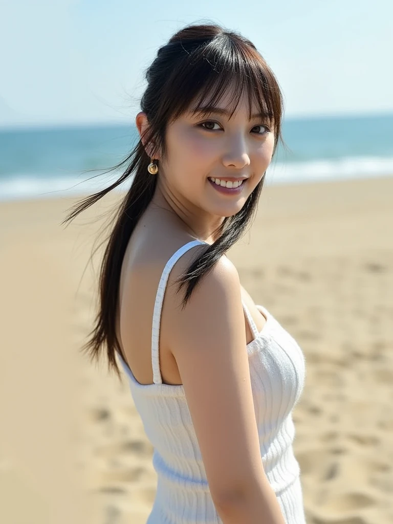 masutepiece, Best Quality, 23years old,Ultra-detailed, finely detail, hight resolution, 8K Wallpaper, Perfect dynamic composition, Natural Color Lip,(She is wearing a short silk go－Ludo short dress.:1.2),(Full of holes,)(Ponytail:1.3),(large full breasts,big butts),drawn action: (Girl sits with her legs stretched,barefoot on the sand 1.3),,(シルク ゴLudo short dress:1.2)20 years girl,(Full body:1.3),shot from a side angle:1.3,Enjoy the sunset,,((Sexy Pose)),Smiling,