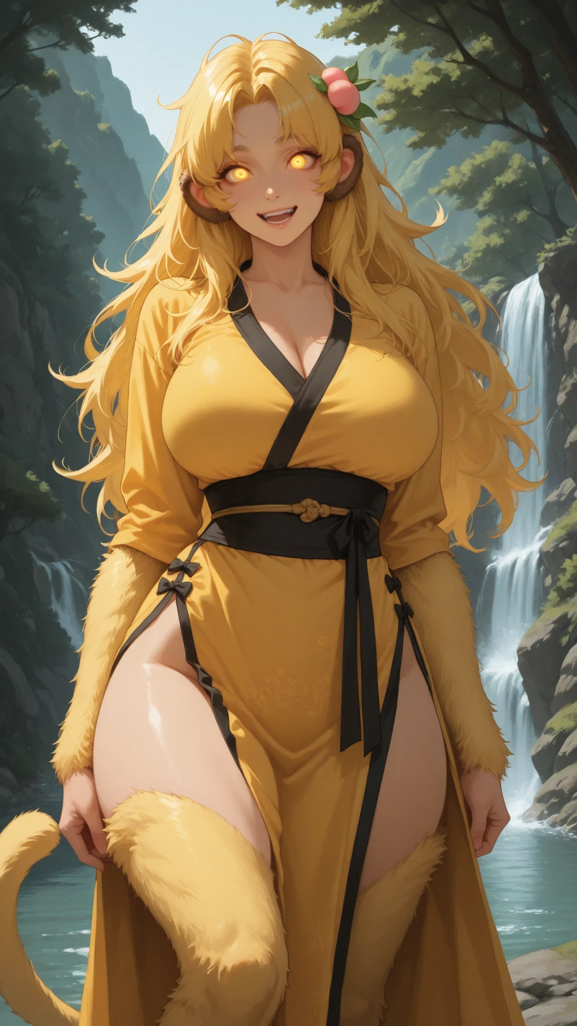 (masterpiece), (highest quality), (illustration), (super detailed), (high resolution), absurdity, 1girl,happy,blush,blonde hair,long hair,green eyes,night,forest lake,waterfall,looking at viewer,cowboy shot,water,undressing,swimsuit,wet,bathing,hands over body