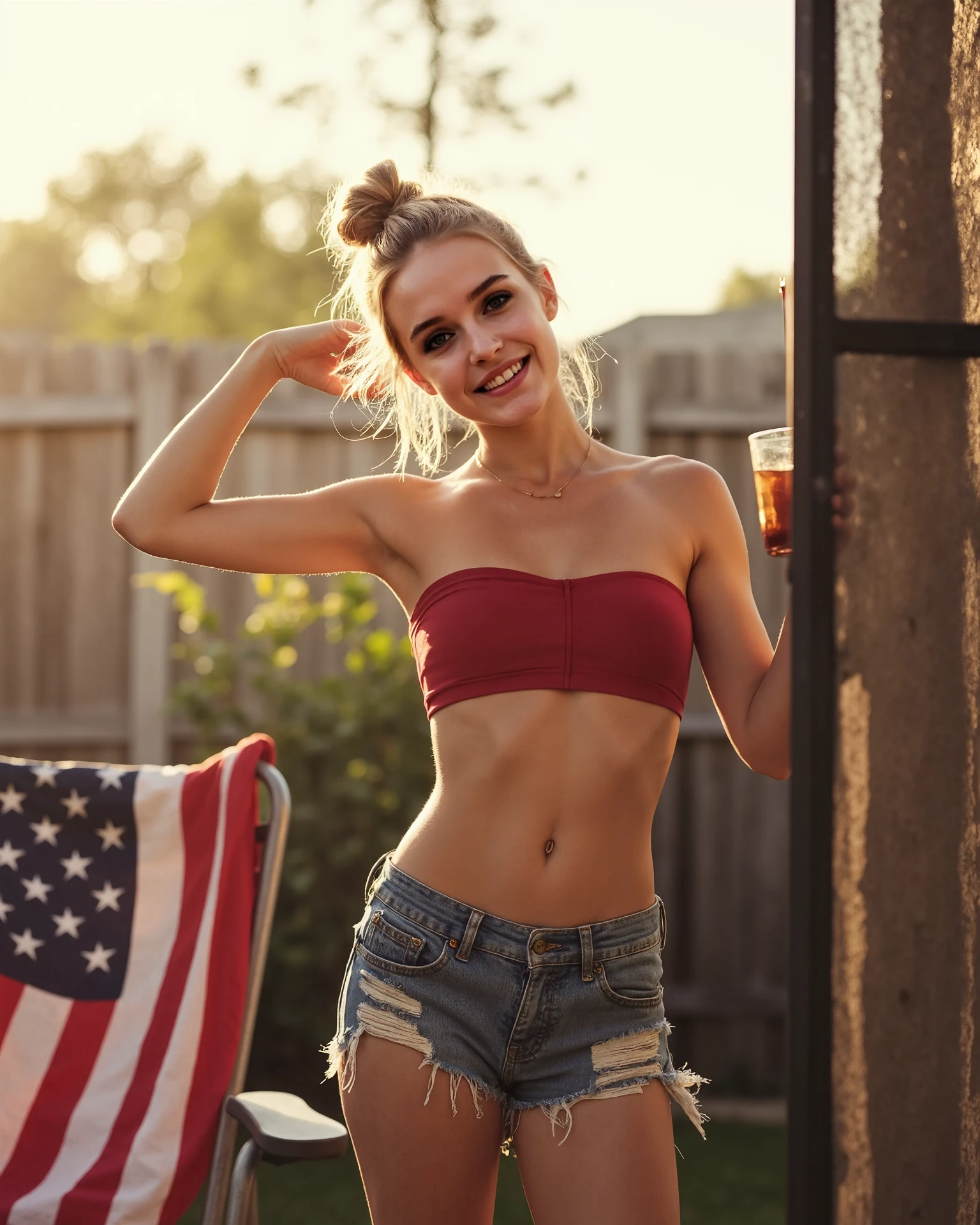young blonde, teenager, 17 years old, thin body, small breasts, black bandeau top, red miniskirt, posing in the backyard, holiday, party, balloons, eye contact, looking at viewer, masterpiece, best quality, perfect detail, perfect facial detail, perfect eye detail, perfect skin detail, depth of field, perfect lighting