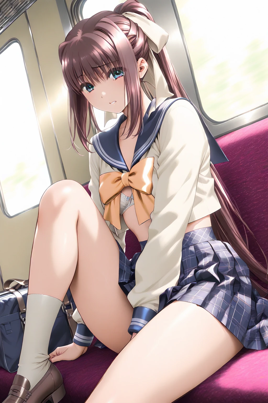 Anime girl sitting on a train looking out the window, Beautiful anime portraits, Portrait of Roffey at a window, Beautiful Anime Girls, Portrait of Roffey, LOFI Girl, Anime Girl Portrait, Gweiz-style artwork, High-quality portraits, When the sun goes down, Attractive anime girl, Cute Anime Girl, Realistic cute drawings, Anime Style. 8k, erotic, conversion, Exposing breasts, Nipples, Bend your legs, Pants exposure, Pinch the skirt,good,Nipples露出, Bold Look, Cheeky eyes,Exposed crotch, nsfw