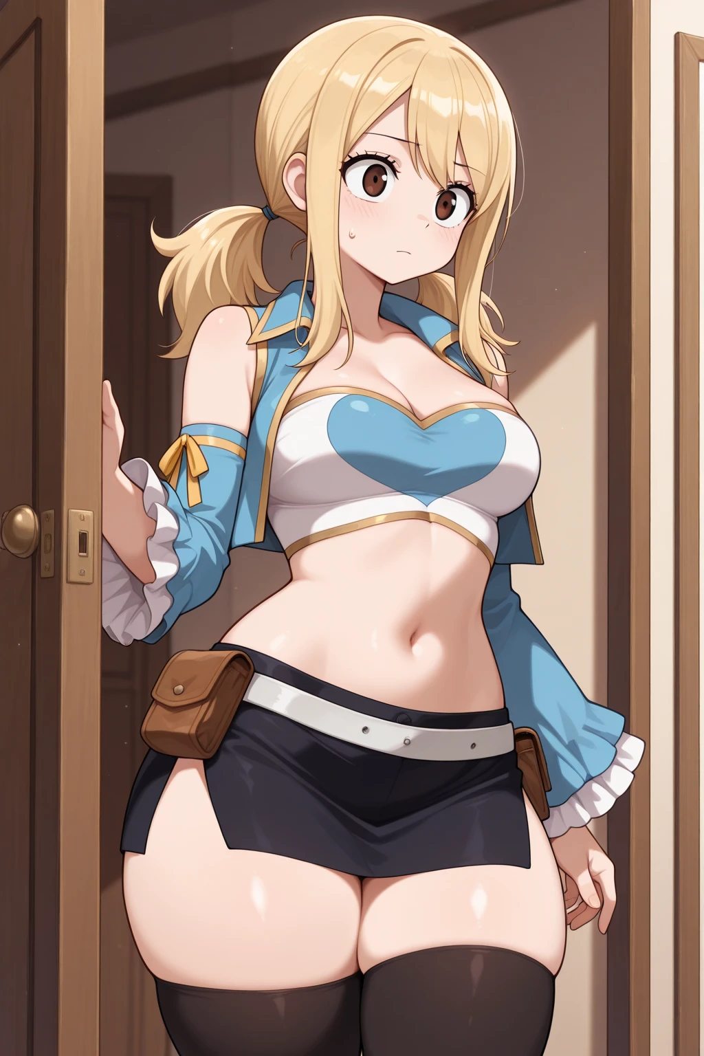 photorealistic, octane render, best quality, sharp focus, 8k, 4k, Masterpiece, realistic skin texture, extremely detailed, intricate, hyper detailed, illustration, soft lighting, high resolution, sharp detail, lucyheartfilia, brown eyes, blonde hair, long hair, one side up, large breasts, white shirt, sleeveless, belt, blue skirt, brown boots, looking at viewer, upskirt panties, sexy panties