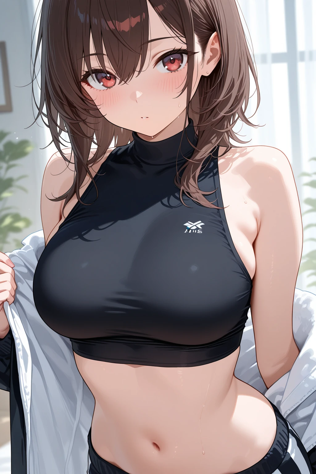 una chica joven muy atrevida alzando su minifalda, showing the viewer his body, poorly placed fire croptop showing part of her medium-sized firm breasts, piernas abiertas, pose sexy,se ven los pezones, sin censura y nsfw, +18, pretty girl possessed by debauchery, literally hot girl,