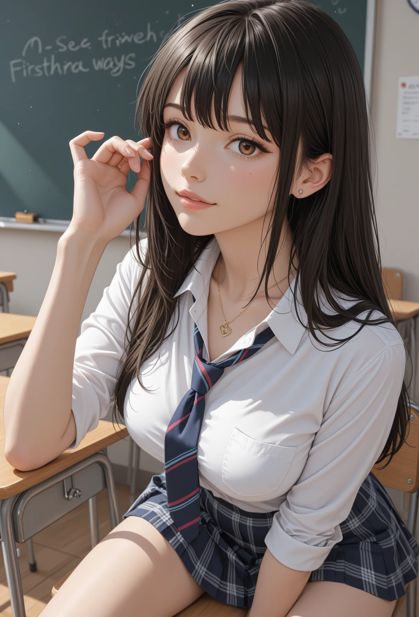 (masterpiece:1.2, top-quality), (realistic, photorealistic:1.4), beautiful illustration, (natural side lighting, movie lighting), depth of fields, nsfw,
beautiful detailed hair, beautiful detailed face, beautiful detailed eyes, beautiful clavicle, beautiful body, beautiful chest, beautiful thigh, beautiful legs,
looking at viewer, 1 girl, 12 years old, (perfect ???????, anatomically correct, super detailed skin), cute and symmetrical face, perfect face, perfect eyes, perfect fingers, five fingers,
(long hair, straight hair, light brown hair), braided bangs, break light brown eyes, big eyes, (medium breasts, seductive thighs), perfect body, shiny skin, pink skin,
(detailed cloth texture), break (((short sleeve black collared shirt))), break (blue plaid pleated skirt), break (blue plaid tie), break
(beautiful scenery), morning, (school classroom:1.2, blackboard), standing, (lovely smile, upper eyes, open mouth),