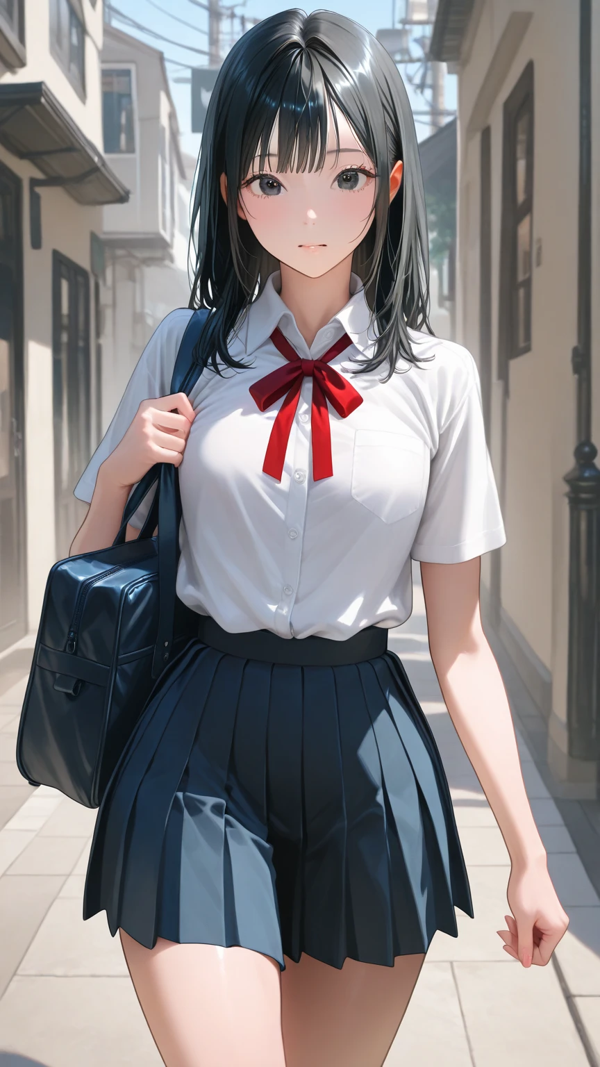 1 girl as yukino yukinoshita, absurdres, highres, solo, school uniform, big breasts, waist long black hair, (twintails:0.5), miniskirt, black thighhigh socks, loose red ribbon, unbuttoned white shirt, (ahegao:1.1), (rolling eyes:1.1), (female masturbation:1.1)