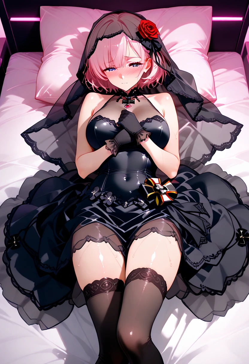 Masterpiece, top quality, best quality, official art, beautiful and aesthetic, anime, 1girl,extremely detailed, colorful, more detailed ((ultra-detailed)), (highly detailed CG illustration),Best Quality, High resolution, Unity 8k Wallpaper, (Illustration:0.8), (Beautiful detailed eyes:1.6), extra detailed face, Perfect Lighting, extremely details CG, (Perfect hands, Perfect Anatomy),laying on bed,silk bed,flowers,romantic atmosphere, candles,,short pink hair, blue eyes, lace body suit,skinny fit, long legs,black stockings, stocking suspenders, from above, looking in camera,full body shot.