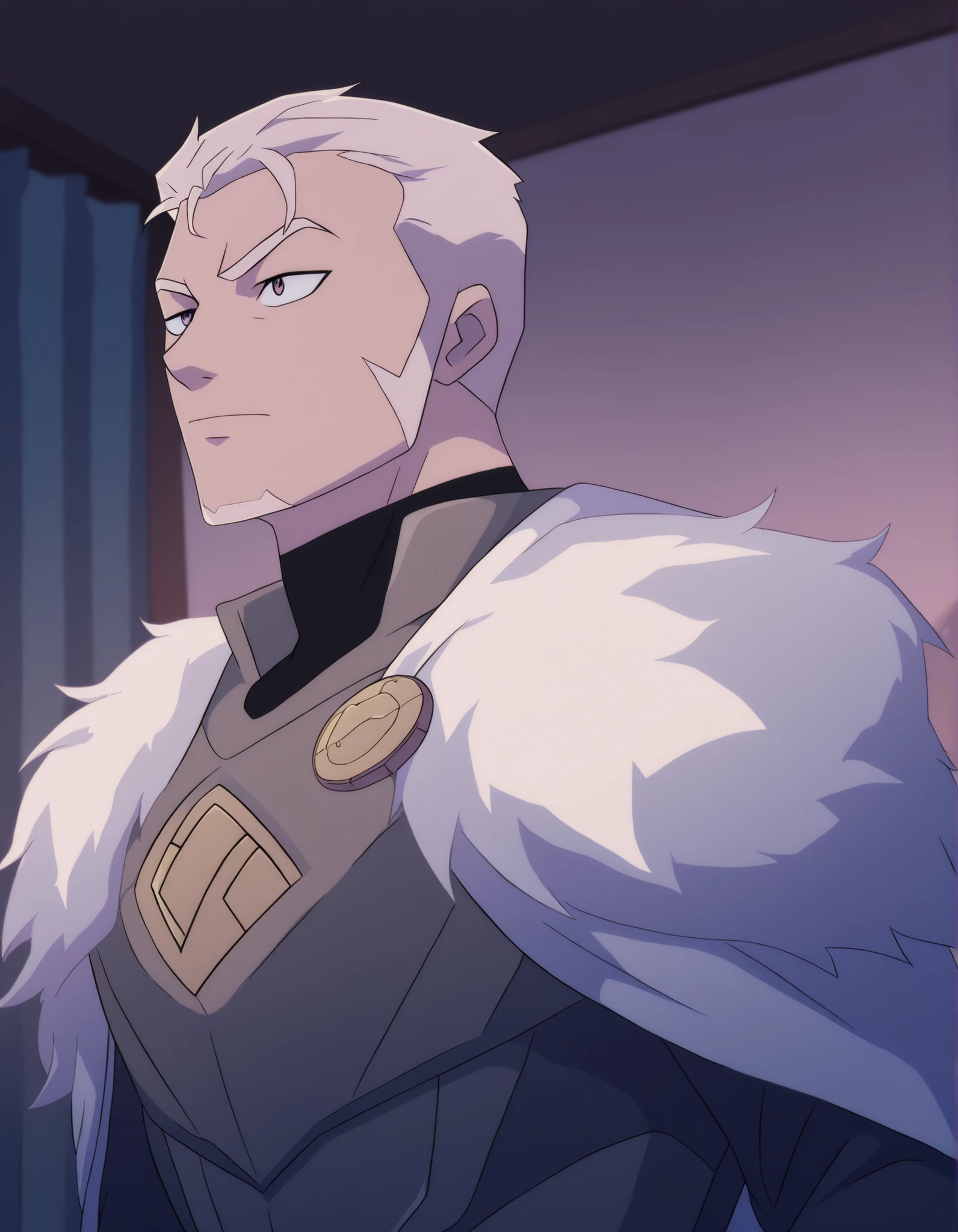 Mysterious man watching from behind a curtain in a room high above.