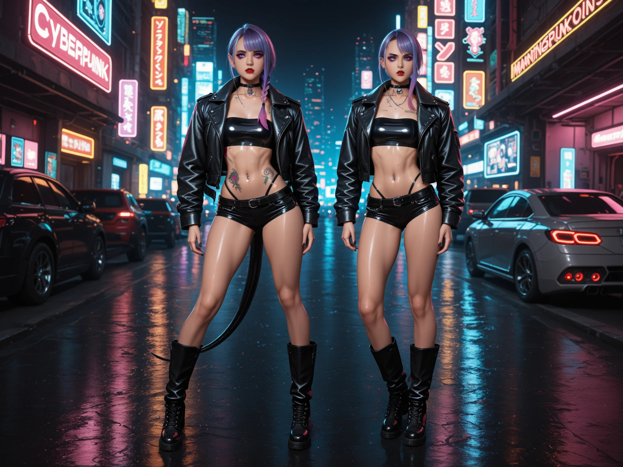 highest quality、surreal、perfect anatomy、crowded downtown area、Wet and shiny white skin、slender model body、Ahegao、silver hair、black micro bikini、soaked、Ten head body、collar and leash、natural lighting、cyberpunk city、cyberpunk edge liner、