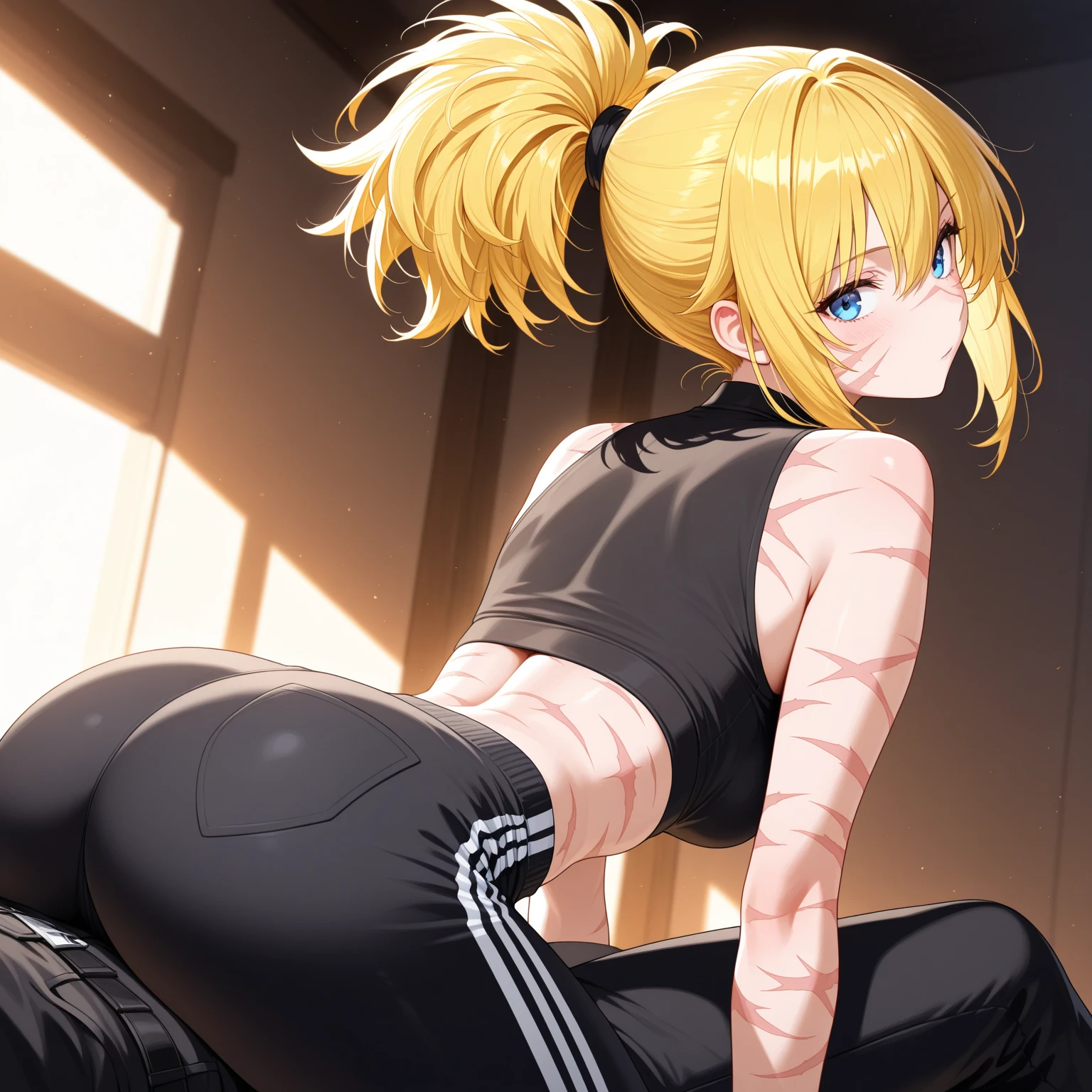 1 girl, naruto uzumaki as a girl, naruto genderswap, female naruto uzumaki, naruto genderbend (anime naruto) genderswap, female/girl/woman, feminine features, feminine body, great curves, great ass, thick ass, good butt, nice butt figure, cute, hot, long blond hair, blond hair, long hair, tail in hair, ponytail in hair, blond ponytail, blue eyes, beautiful eyes, feminine blue eyes, wearing(black flex leggings and cropped shirt), gym black flex leggings woman, matt black flex leggings, matt-black leggings, flex leggings, cropped shirt, ultrasharp, 4k picture, highly detailed, beautiful