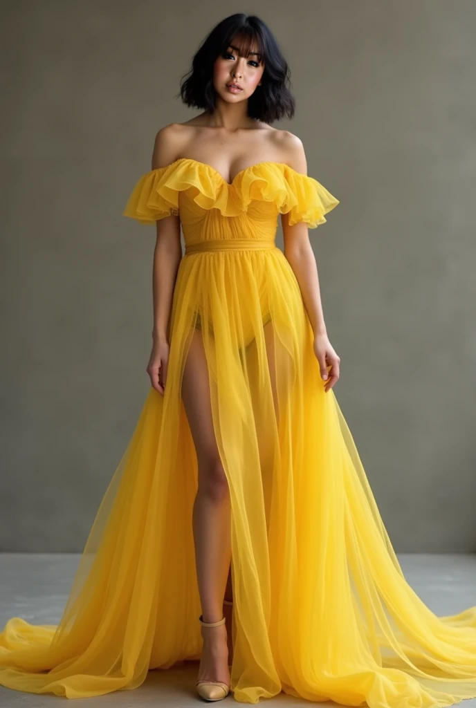 Flowy yellow dress with an amber crochet bodice with a midriff-baring cut and a thigh-high slit.
