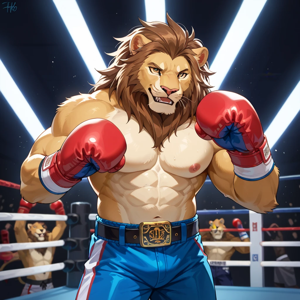 (extremely detailed and realistic masterpiece of an) ((male anthro lion)) with (muscles) and (athletic build), featuring (correct anatomy) and (detailed sweat droplets) glistening and emphasized, (collapsed and bent down) with an (exhausted and panting steamy breath). He's wearing (boxing gloves) and (shorts), kneeling alone in the (boxing ring) showcasing his (hard work and dedication).