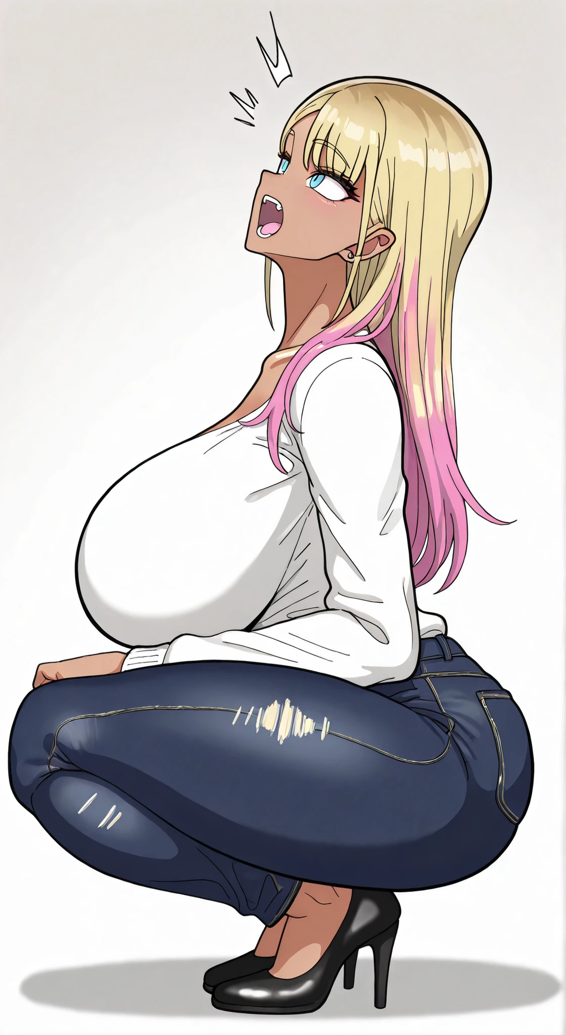 solo girl, multicolored hair, eyelashes, blue eyes, big breasts, curvilinear, simple white background, high resolution, full body, gyaru fashion, jeans, high heel shoes, moans, face up, squatting, open mouth