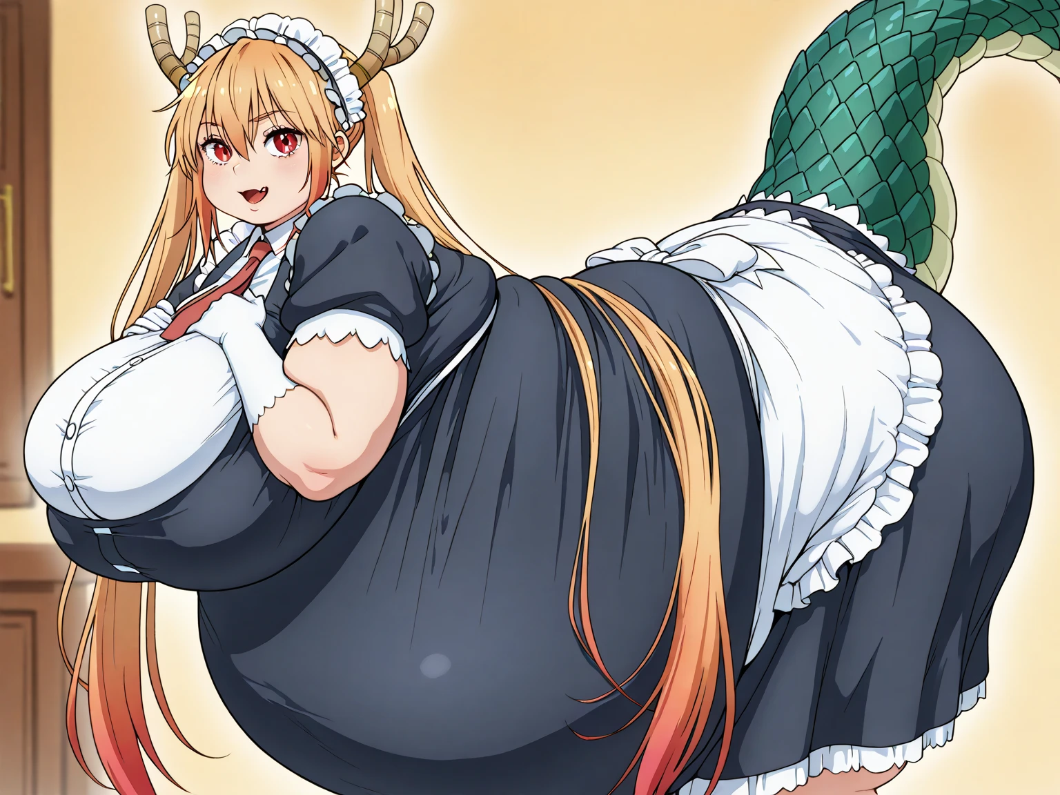 A woman with huge breasts wearing a dress with the lower body of a giant snake,long shot,太い腕