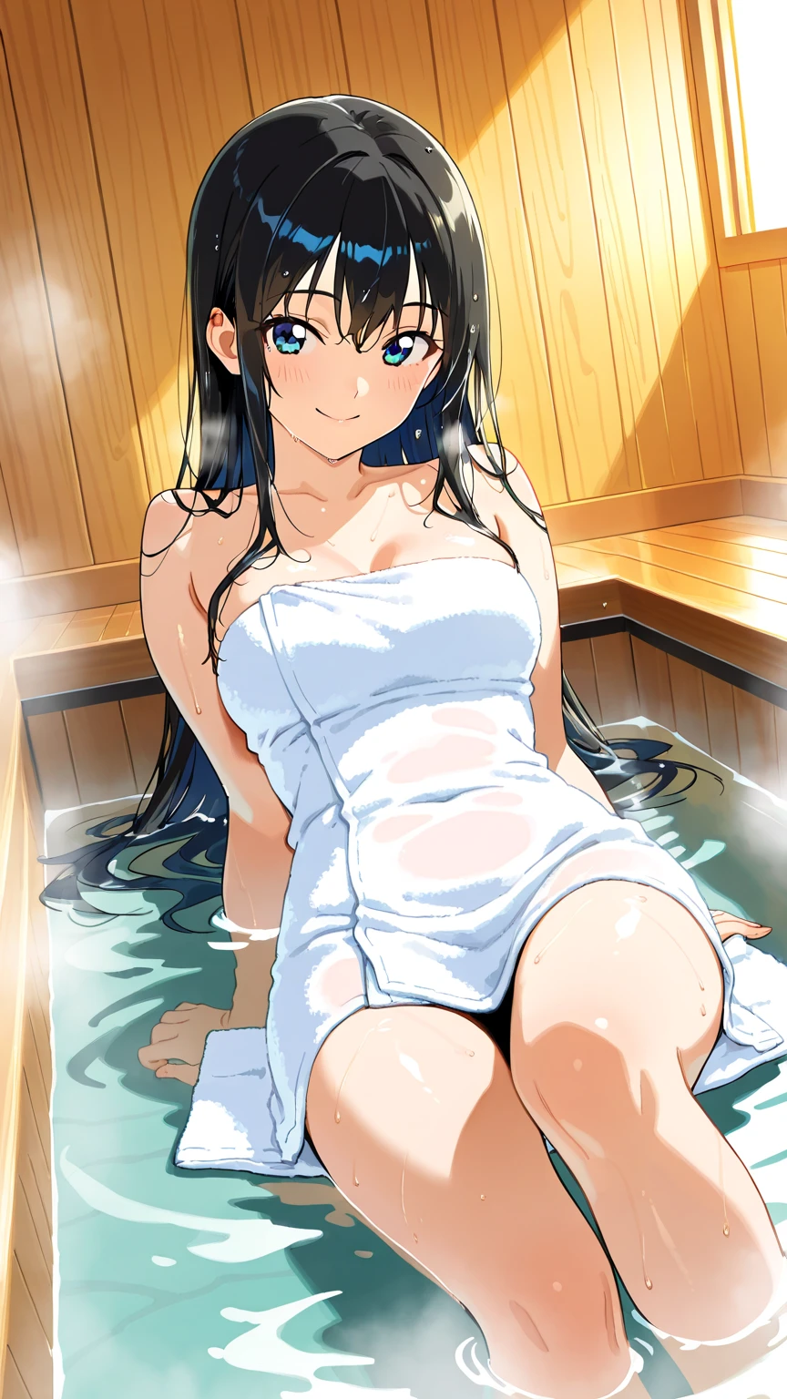 ((Highest quality、Best image quality、Ultra-high resolution、Ultra-high resolutionで描画、alone、Bright red eyes、Very beautiful adult woman、非常に精細なBeautiful Face、very fine and beautiful eyes、Innocence、Beautiful gesture、シンメトリーのBeautiful Face))、1 Girl、Realistic、Written boundary depth、Natural soft light、Daytime、charm、Beautiful Face、Cleanliness、Pure Face、Shiny skin、Black Hair、Light of the sun、Ezvian Everywhere、((Golden RatioのBeautiful Face、Golden Ratio、Expose your hips、Expose your shoulders))、Beautiful and large breasts、Long neck、Neat long hair with bangs、Perfect Fingers、Perfect hands、Perfect body、Perfect Face、Shine a light into your eyes、Perfect Anatomy、Tall Supermodels、Long-legged supermodel、Long neck、Broad shoulders、stand、Smile at the audience、Laughter、smile、Beautiful neckline、Keep an eye on your audience、Shadow Fade、Tilt your head、White hair band、Black Hair、Open-air bath background、steam、sauna、bathtub、Wrapped in a bath towel、White bath towel、steam background、Girl soaking in the bathtub、A little bit is just、Buttを向けている、Backwards、Buttを突き出している、Buttをカメラに向ける、Butt、Buttがbathtubに浮いている、back、Turn around、Scapula、View from behind、Buttの割れ目、On all fours、BackwardsのOn all fours、Sole