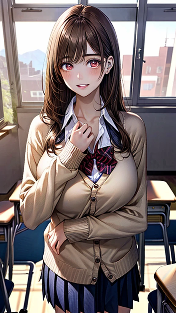 (masterpiece:1.2, Highest quality), (Realistic, photoRealistic:1.4), Beautiful illustrations, (Natural Side Lighting, Cinema Lighting), Browsing Caution, 
View your viewers, Cowboy Shot, Front view:0.6, 1 Girl, Japanese, high School girl, Perfect Face, Cute and symmetrical face, Shiny skin, 
(Long Hair:1.8, Straight hair:1.7, Blonde), Asymmetrical bangs, Purple eyes, (Large Breasts:1.1, Thick thighs), 
Beautiful Hair, Beautiful Face, Beautiful attention to detail, Beautiful clavicle, Beautiful body, Beautiful breasts, Beautiful thighs, Beautiful feet, Beautiful fingers, 
((Light blue collared shirt, Navy pleated mini skirt, socks, Navy tie, Light brown cardigan, Knee socks)), Pink Panties, 
(Beautiful views), evening, School, classroom, curtain, walking, Place your hands between your legs, vibrator in Knee socks, (Cute smile, Upward glance), 