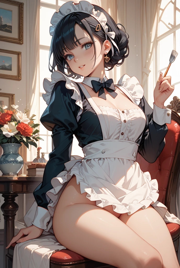 1girl, ass ,maid,victorian,shiny skin ,seductive smile,from behind,sitting,miniskirt,   (masterpiece, high quality:1.2)