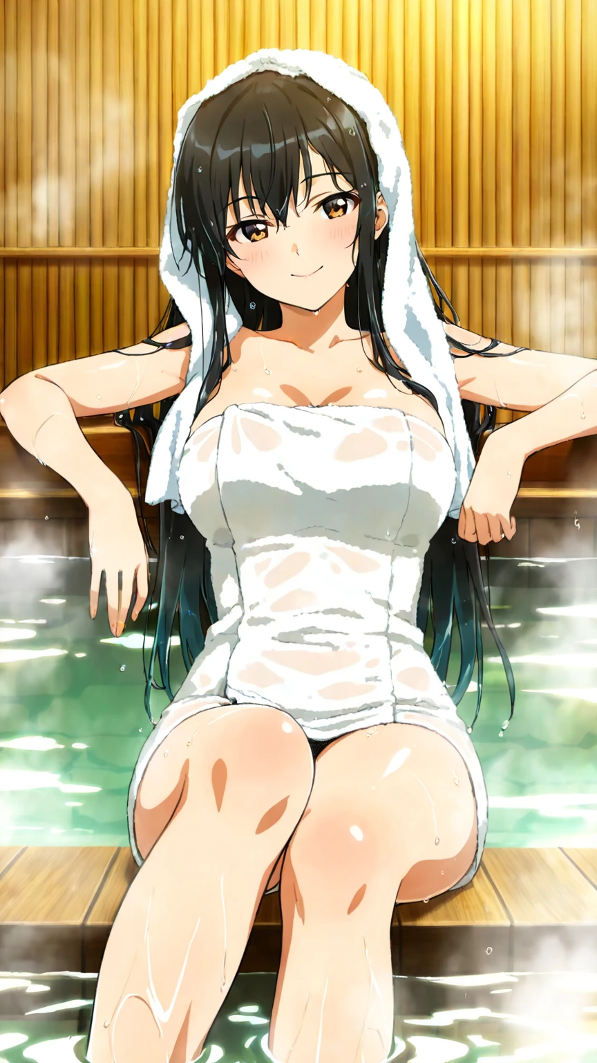 Himejima Akeno、Long Hair、(draw the eyes:1.2)、one person
、blush、smile
、Soaking wet
、Sit down
、In a suit
、(highest quality)
、(Fine skin:1.3)