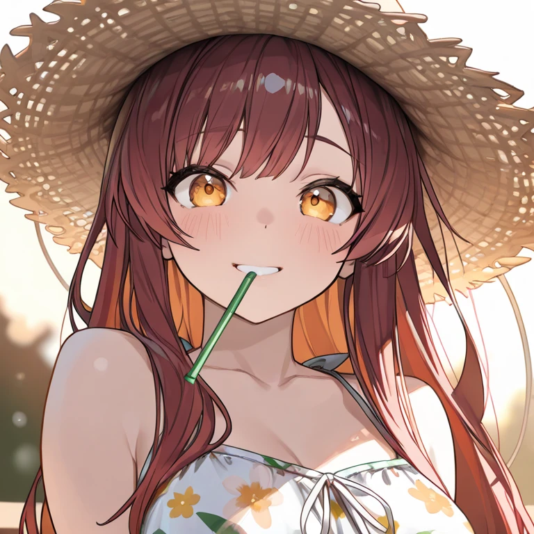 ( Masterpiece:1.5), ( Best Quality:1.5), ( Ultra Detail:1.5), Illustration, ( 1 Girl:1.5), (Solo:1.5), Manga, Anime, Character, Watercolor, Daylight, Summer, Sunshine, Backlit, Short Hair, Brown Hair, Orange Hair, Glossy Skin, Brown Eyes, Hair Between Eyes, Straw Hat, Sleeveless, White Dress, Misanga, Pale Pink Lips, Mouth slightly Open, Popsicles, Have Popsicles, Cowboy Shots Hyper Detail, Sky, Beautiful Sky