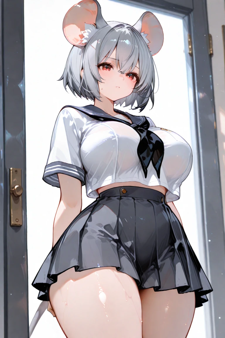 Shirt lift navel showing,white uniform,skirt, standing,girl,