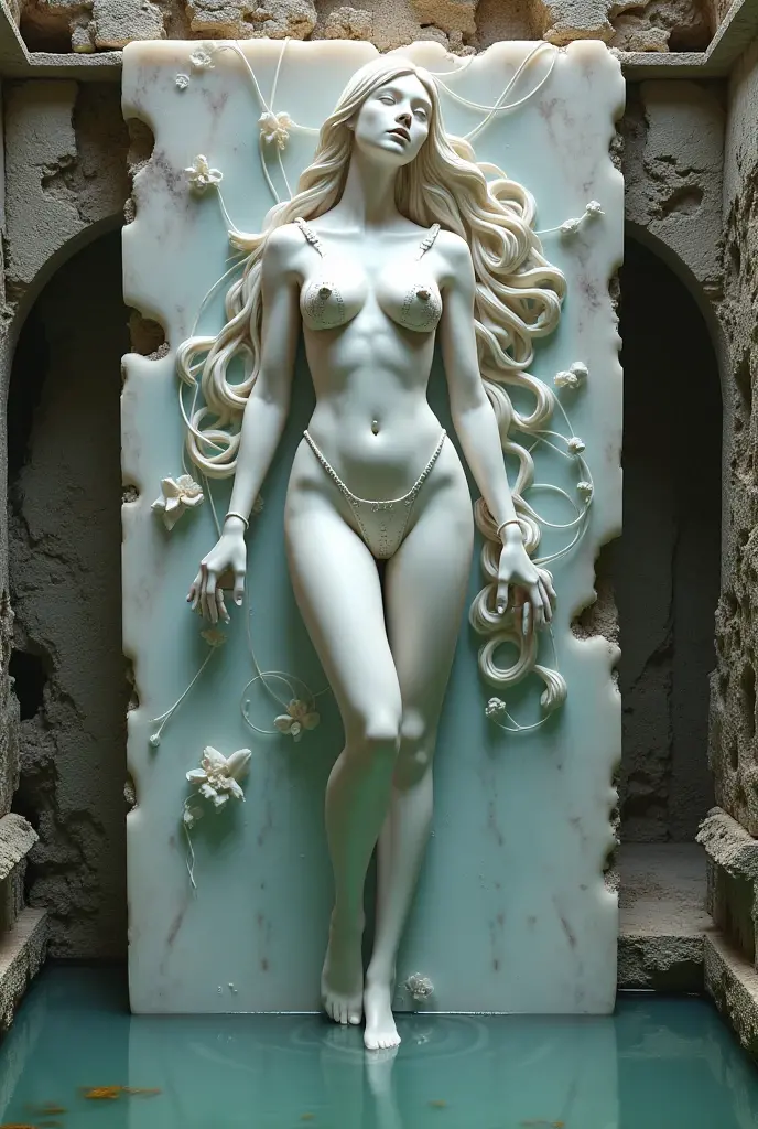 Realistic white marble statue of a young girl with a beautiful figure in clothes stands sideways and turned away, the girl is completely textured from marble, the figure poses sideways, beautiful posing, light milky solid background, dull, clothes cover her nakedness, photorealistic, Super detailed, Hyper-realistic, Vivid lights, 8K