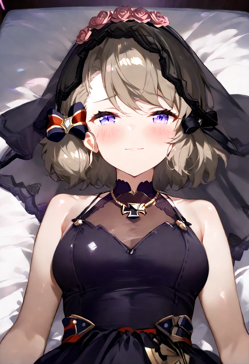 best quality, masterpiece, highres, solo, {z23_azurlane:0.90}, 1girl, bare_shoulders, black_dress, blush, bridal_veil, iron_cross, looking_at_viewer, sleeveless_dress, wedding_dress, black_gloves, necklace, turtleneck_dress, red_rose, frills, hair_between_eyes, hair_ornament, holding, simple_background, smile, white_background, sidelocks