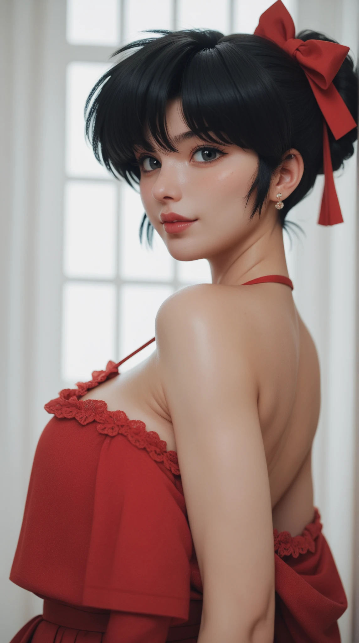 a woman clad in a bright red dress and a large white hat, 1girl, dress, hat, solo, black hair, jewelry, choker, red dress, earrings, flower, smile, looking at viewer, short hair, hair over one eye, black choker, bare shoulders, sitting, yokozuwari, arm support, lips