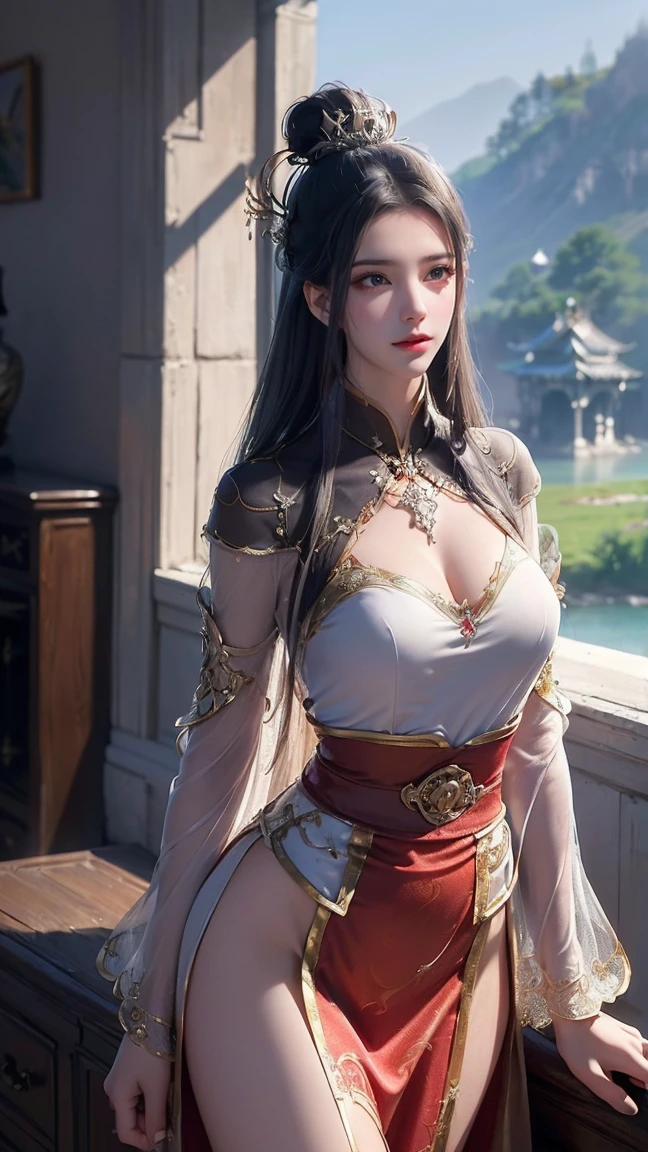 Best quality,masterpiece,ultra high res,(photorealistic:1.4),xiuxian,weapon,Detailed face, 1girl,solo,weapon,cleavage,(magic circle:1.2),xiuxian,upper body,Beautiful girl,full body,huge breasts,east asian architecture,sheath,architecture,