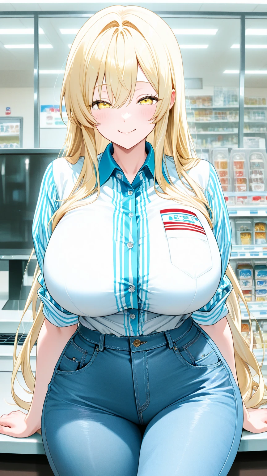 (Reiko Akimoto, solo), (sleeveless, pink police uniform), embarrassing big smile, (masterpiece, best quality), delicate illustration ultra-detailed, sagging gigantic huge breasts, (in police box, counter desk), ((showing hairy armpit hair)), upper body only, sweating, hand behind head, stomach hair, bukkake, cum shot, hentai atmosphere, blonde, big hip