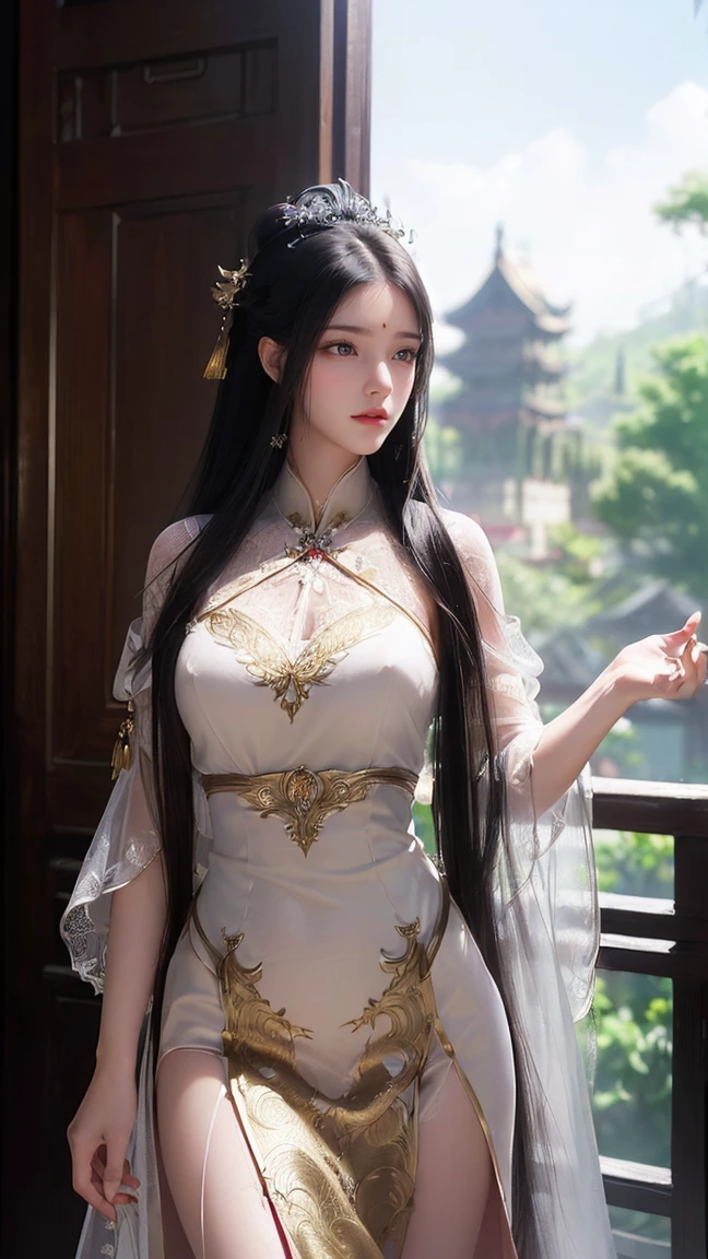 18-year-old beauty, out of the water, upper body, healing, water spirit skin, super long messy black hair, moist face, rain, wet, Hanfu, white transparent refreshing Hanfu long skirt, clothes flowing, touch, plump breasts, breast period, extreme facial features, enchanting posture, body beauty, seduction, sexy, 8k private portrayal, real light and shadow, real physics, perfect world, Unreal Engine, masterpiece, golden ratio, peach blossom, large size