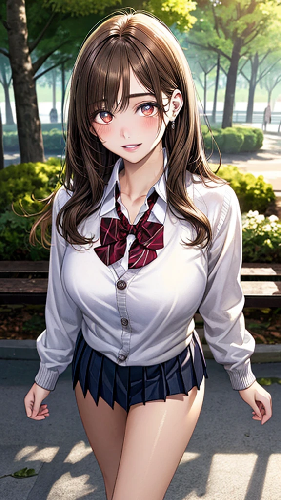 Masterpiece ,best quality , high resolution , (1 girl solo:1.38) , (yukino yukinoshita, black hair, blue eyes, long hair, ahoge) , (cleavage:1.02) , (big breast:1.03) , (blazer, cardigan, jacket, plaid skirt, school uniform, skirt, high school uniform ) , (face view , look at view , front view , from front) , ( outdoor , grass , tree , in campus ) , (standing , thighs ) , (cowboy_shot) , (smile , open mouth full face blush , shy )