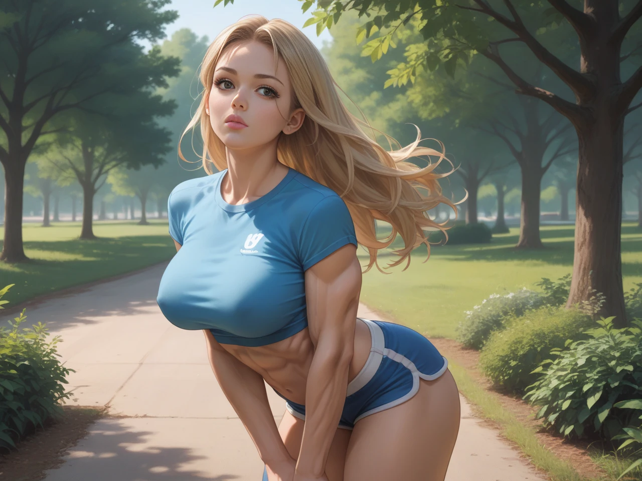 One Woman Running、Five Fingers、tits huge、Chest that seems to burst、sports wear、Short shorts、Powerful Pose、One lady、Fitness Model、abdominals、the Long legs、poneyTail、skin tanned、shining skin、full-body view、publicity cosplay、full-cosplay