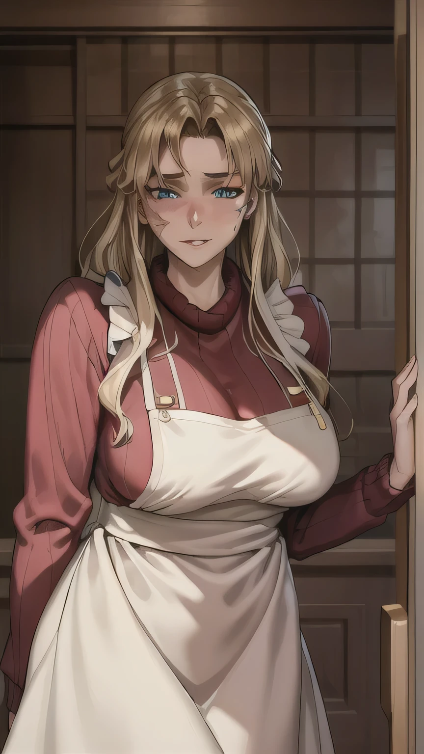 Front entrance of the house,  gold, long hair, girl, scar, solo, mole under eye, blue eyes, burn scar, skirt,  gold, glass　apron over red sweater　dress　I'm surprised to see visitors　is blushing