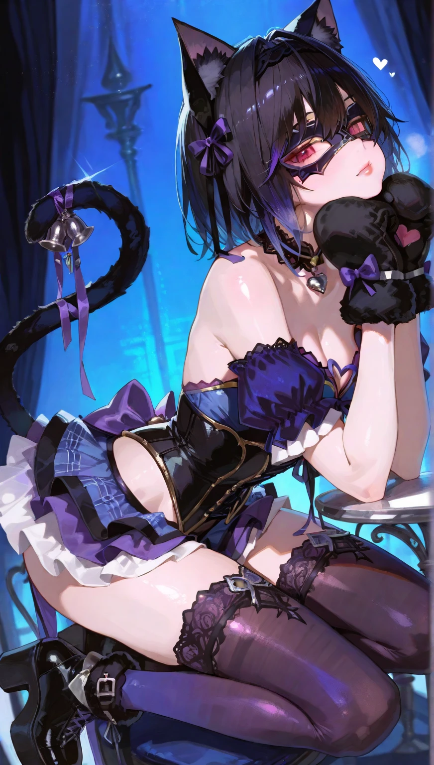 Masterpiece, best quality, highres, highly detailed, 1 girl, long hair, purple hair, purple eyes, large breast, blue earrings in the shape of a water droplet and a bycocket hat, wears a unbottened white dress shirt along with a short blue jacket that hangs off her shoulders, purple ribbon with gold and light blue accents, which sits right on her breasts, wears a black corset-like piece, which has a light blue inner part and four golden button, black, high waisted shorts and black nylon tights, with a black thigh garter on her on legs. She also wears black and white boots with heels, both coming up to her ankles, she wet, nipple perked out from under shirt, outdoor, looking at viewers