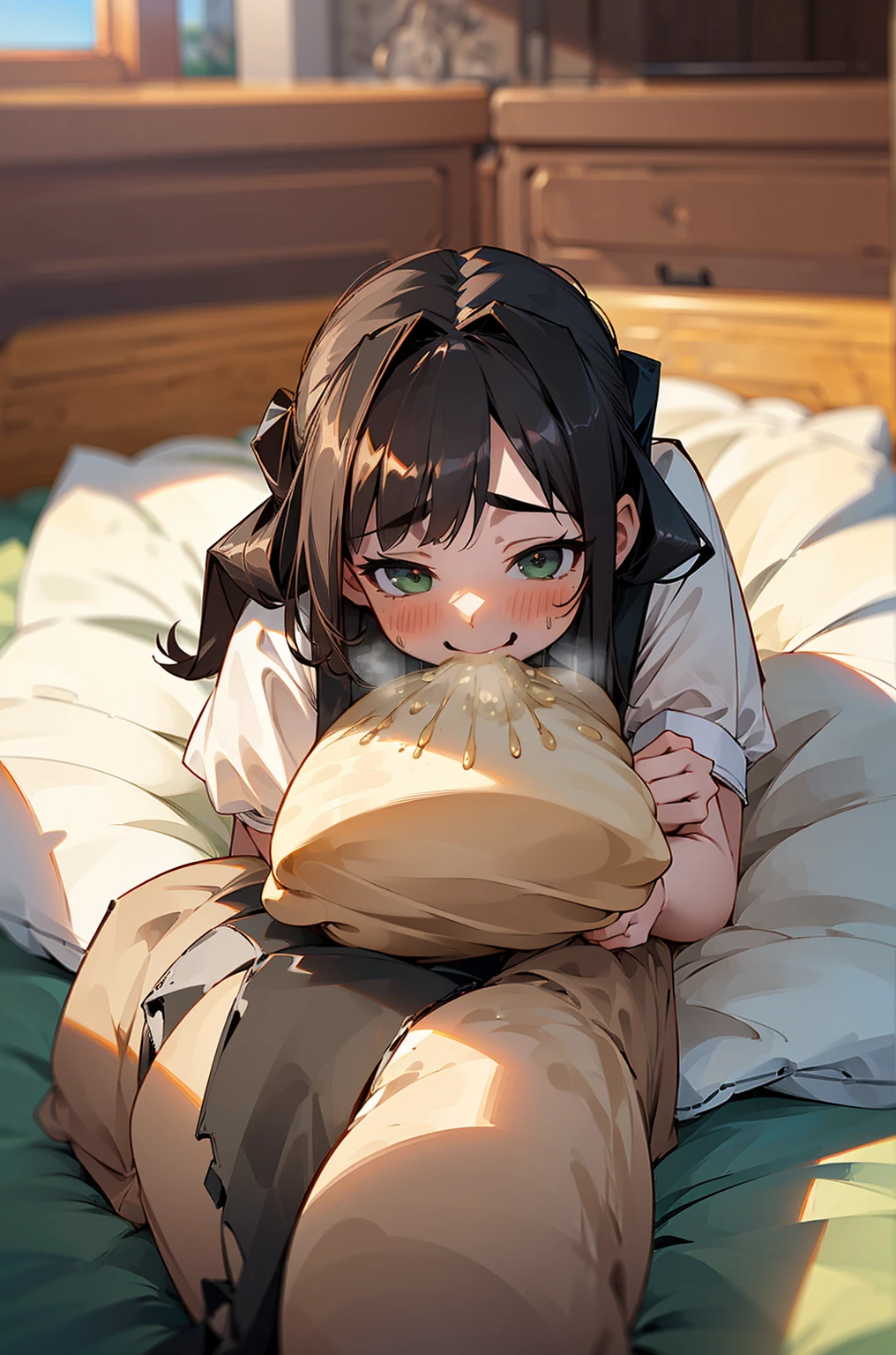 8k, {best quality}, {very aesthetic}, {ultra-detailed}, {best illustration}, High school girl wearing a white blouse, An exquisite living room bathed in the morning sun, {breakfast}, Fried egg, {{{A big smile with eyes closed}}}, Eat happily, comical, Small breasts, emo, Sit on the sofa,