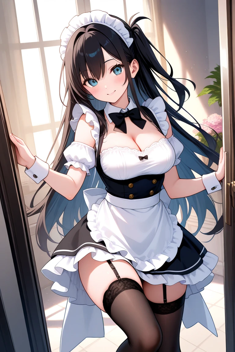 highest quality、Insane beauty、Realistic illustrations、4K、8K、beauty、Dynamic Angle、Voluptuous maid girl、Best Style、Bikini style maid costume、garter belt、Lie down and show me your cameltoe