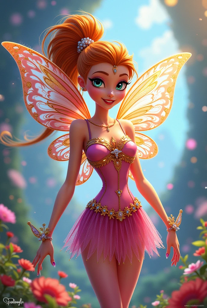 Image with the magic of Pixar, Tinkerbell's friend Vidia, a brown fairy with dark hair tied in a ponytail and dark brown eyes , wine dress made with wine leggings