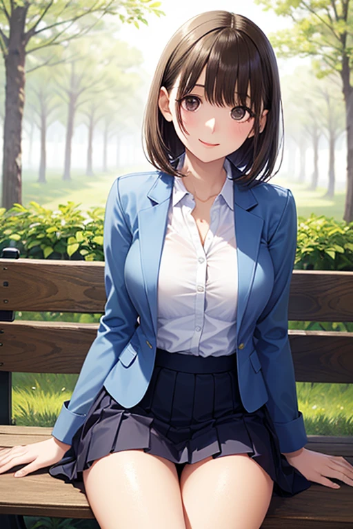 ((best quality)), ((masterpiece)), ((detailed)), (((perfect face))), (((slender 18yo teenage girl leaning forward over bench))), (((dark blue suit jacket))), ((dark blue pleated skirt from waist to thighs))), ((dark brown hair)), ((short ponytail)), (((blue eyes))), ((shy:1.3)), ((blushing:1.5)), (((looking up at viewer))), (((unbuttoned white shirt))), (((garden))), (((cleavage:0.9)))